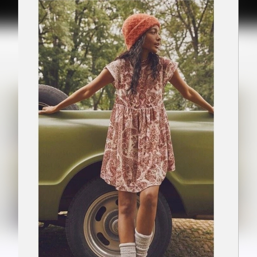 FREE PEOPLE ALL THE TIME PAISLEY BABYDOLL PINK VELVET MINI DRESS SZ L